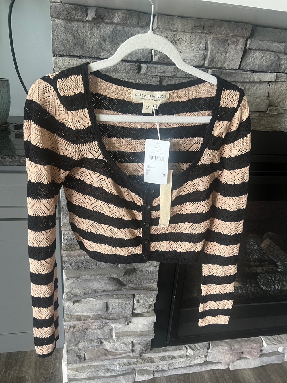 saltwater LUXE Peach & Black Striped Button-Up Cropped Cardigan